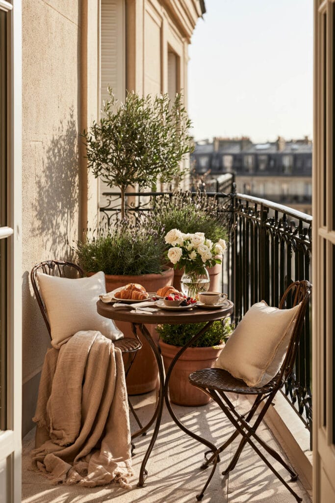 Cozy European balcony with bistro table, croissants, coffee, terracotta planters, olive tree, wrought iron railing, and a romantic breakfast setting.