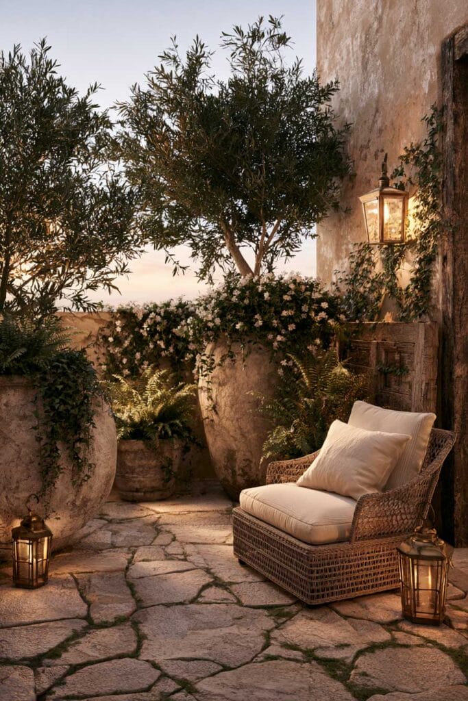 Hidden secret garden balcony with natural stone paving, oversized weathered planters, olive trees, wicker lounge chair, glowing lanterns, and rustic European garden styling.