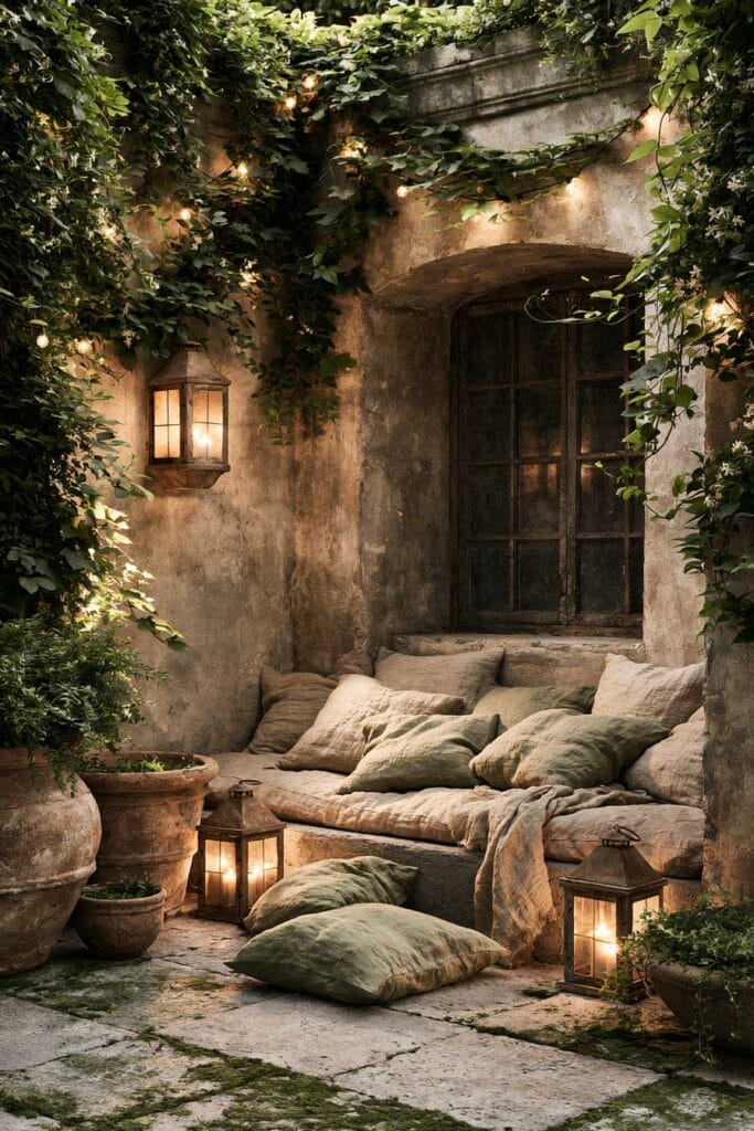 Lush balcony inspired by an old European courtyard with weathered stone walls, climbing vines, built-in daybed, glowing lanterns, terracotta planters, and mossy flooring creating a secret garden retreat.