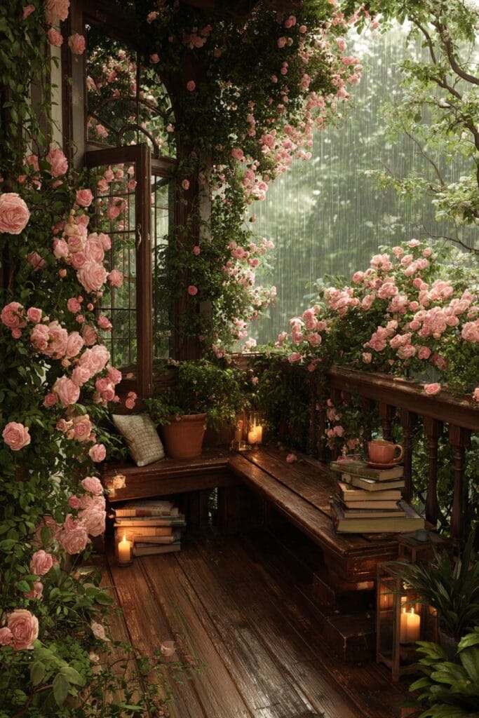 A romantic cottagecore balcony featuring climbing pink roses, a cozy wooden corner bench, glowing candles, vintage books, lush greenery, and a peaceful rainy garden creating a storybook outdoor retreat.