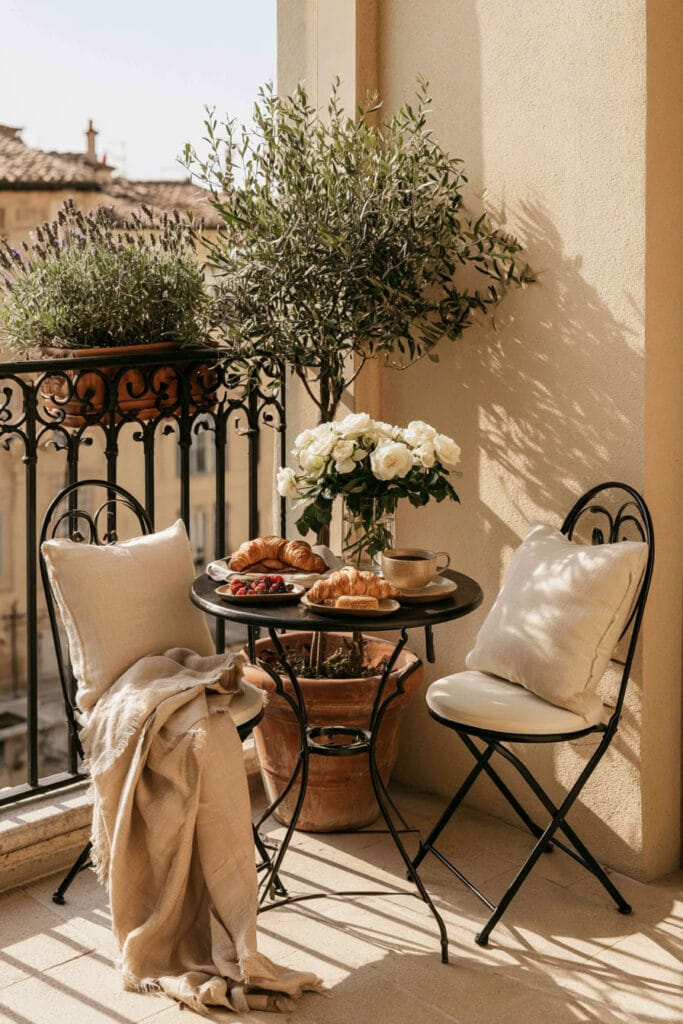 Romantic European balcony with a black wrought iron bistro table, croissants, coffee, white roses, olive tree, terracotta planter, and cozy outdoor seating for a charming European breakfast nook.