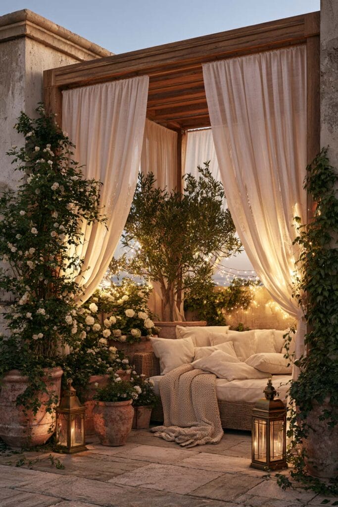Secret garden balcony with linen curtains, wicker daybed, climbing roses, olive tree, lanterns, string lights, and cozy European balcony decor.