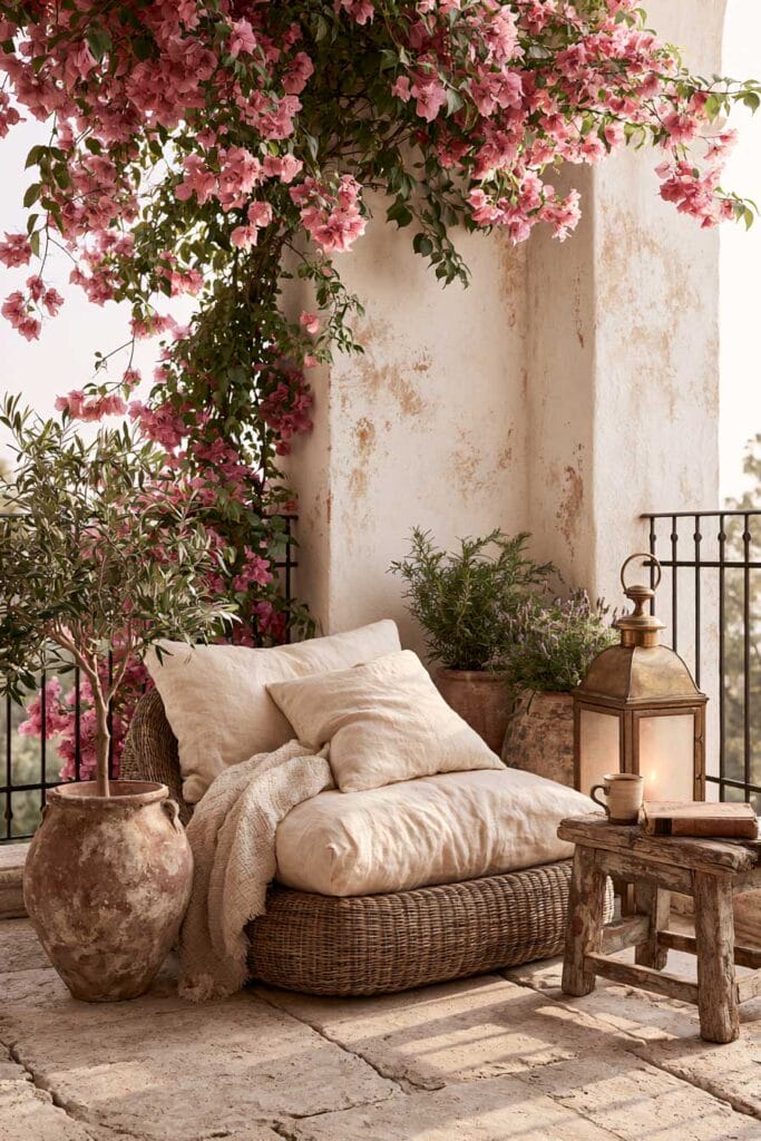 Beautiful European balcony with woven daybed, blooming pink bougainvillea, weathered terracotta pots, rustic wooden stool, antique lantern, and vintage European outdoor decor.
