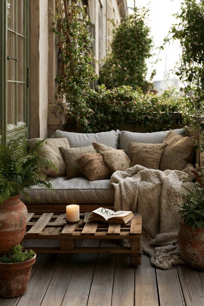 Small cottagecore apartment balcony with a cozy outdoor sofa, layered neutral pillows, chunky knit throw, rustic pallet coffee table, terracotta planters, climbing greenery, and candlelight creating a comfortable year-round retreat.