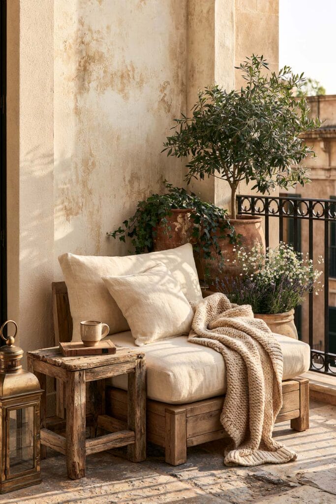 Cozy European balcony with weathered wood furniture, linen cushions, chunky knit throw, terracotta planters, olive tree, and rustic Mediterranean-inspired decor.