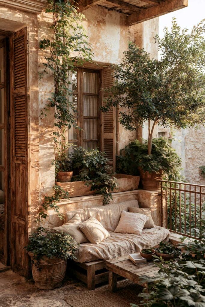 Hidden secret garden balcony with weathered stucco walls, rustic wooden shutters, climbing vines, olive tree, linen sofa, and European courtyard-inspired outdoor decor.