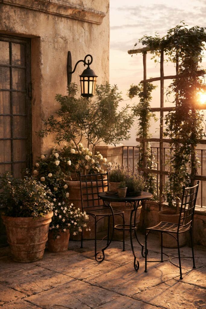 Lush European-style balcony with a wrought-iron bistro set, climbing vine trellis, terracotta planters, flowering plants, weathered stone flooring, and warm sunset light creating a secret garden retreat.