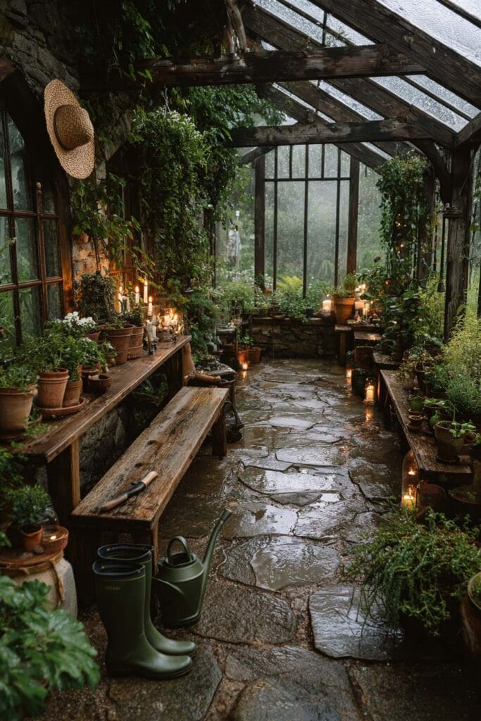 A cozy cottagecore balcony styled as an old greenhouse with rain-soaked glass, terracotta pots, candlelight, rustic wooden benches, lush greenery, stone flooring, and vintage gardening tools creating a peaceful garden retreat.
