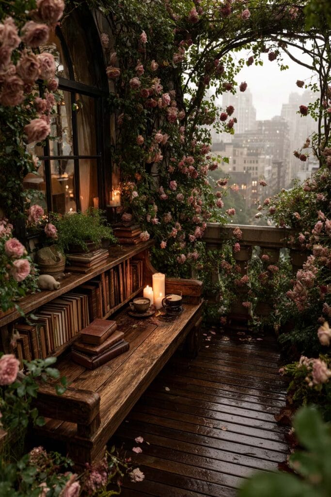 A romantic cottagecore balcony with climbing pink roses, a rustic wooden bench, vintage books, glowing candles, teacups, lush greenery, and a rainy city view creating a cozy outdoor reading retreat.