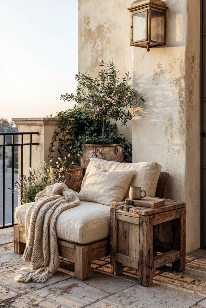 Romantic European balcony with weathered wood furniture, distressed plaster walls, an olive tree, vintage lantern, linen cushions, and rustic decor creating a cozy old-world outdoor retreat.