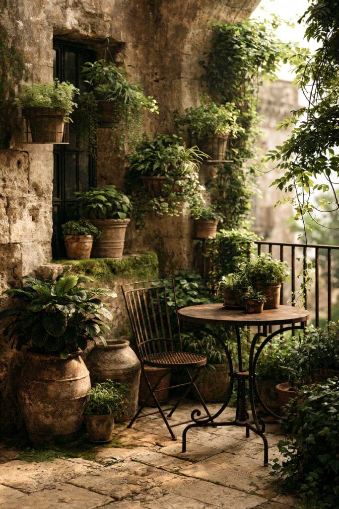 Secret garden balcony with rustic stone walls, terracotta pots, wrought iron bistro table, climbing vines, and European courtyard decor.