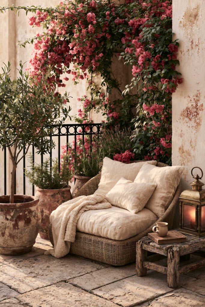 Beautiful European balcony with woven lounge chair, pink bougainvillea, weathered terracotta pots, rustic wooden stool, antique lantern, olive tree, and vintage European decor.