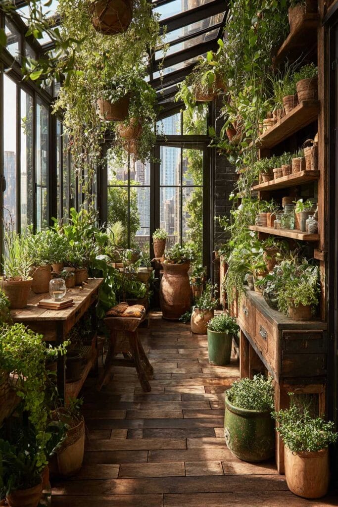 A sunlit cottagecore balcony greenhouse with hanging plants, fresh herbs, terracotta pots, vintage wooden shelves, rustic furniture, and lush greenery creating a charming old greenhouse-inspired garden.