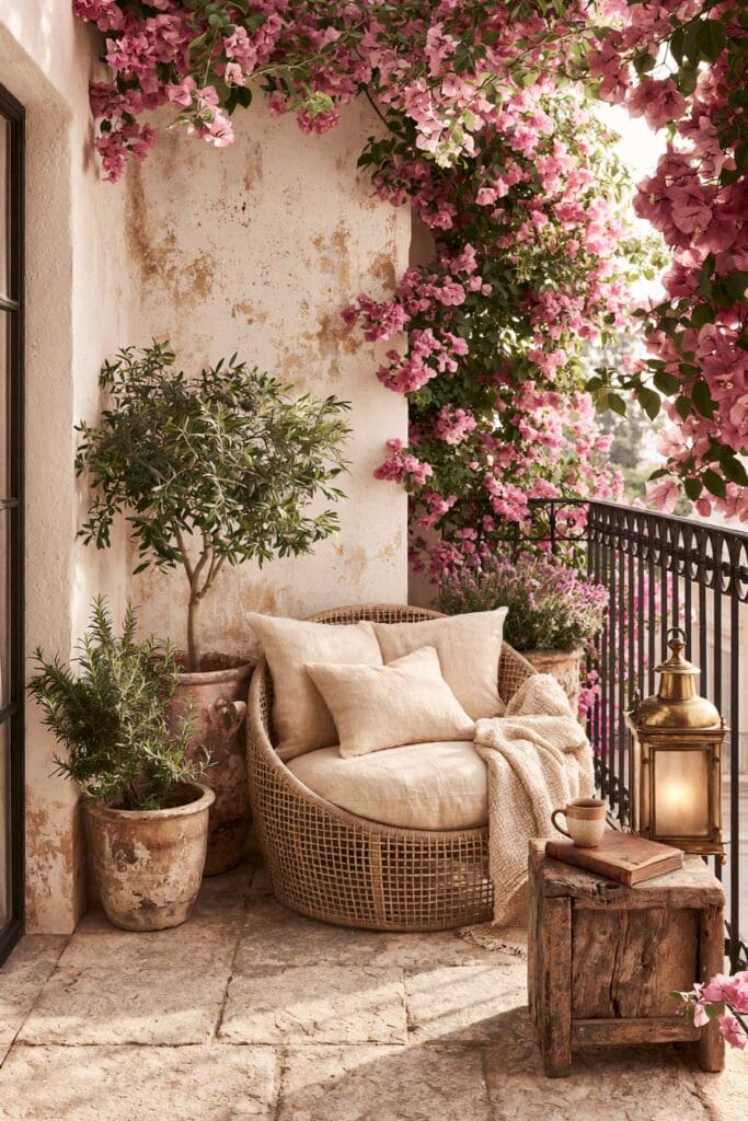 Cozy European balcony with pink bougainvillea, woven lounge chair, weathered wood side table, brass lantern, terracotta planters, and vintage Mediterranean decor.