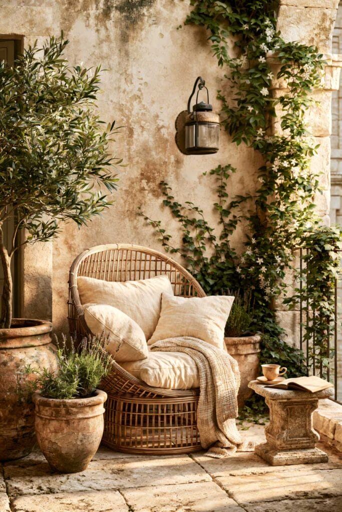 Hidden secret garden balcony with a wicker lounge chair, weathered stone walls, climbing jasmine vines, terracotta planters, olive tree, and rustic European courtyard decor.