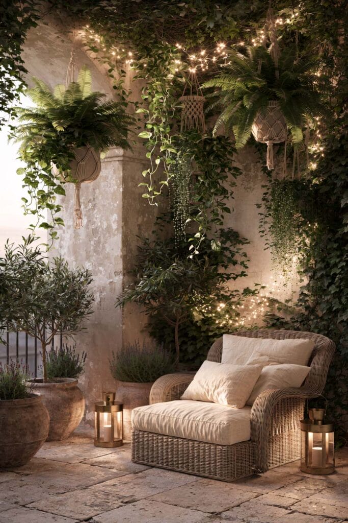 Lush balcony garden with hanging ferns, trailing plants, climbing vines, wicker lounge chair, fairy lights, lanterns, and layered greenery creating a cozy secret outdoor retreat.