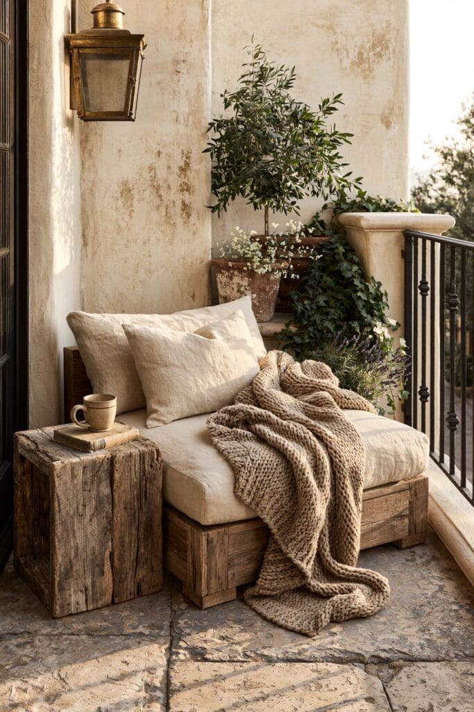 Romantic European balcony with weathered wood daybed, distressed plaster walls, olive tree, vintage lantern, linen cushions, chunky knit throw, and rustic Mediterranean decor creating a cozy outdoor retreat.