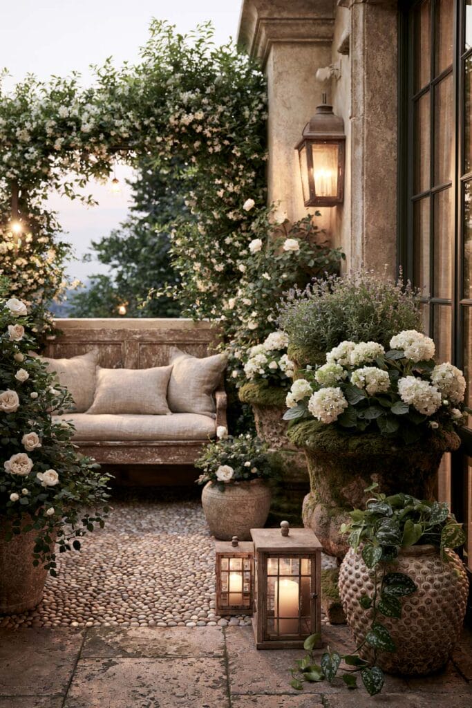 Secret garden balcony with rustic wooden bench, white roses, hydrangeas, lanterns, flowering vines, moss-covered urns, and European garden decor.