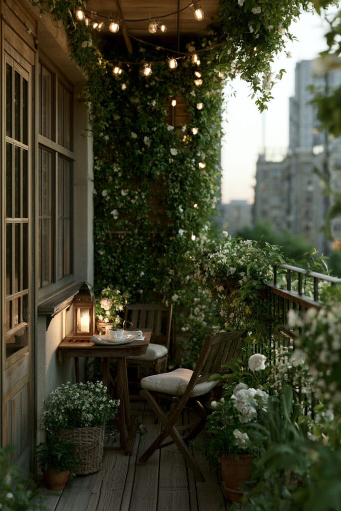 Small cottagecore apartment balcony with climbing vines, warm string lights, lantern, cozy bistro table, folding chairs, white flowers, and lush greenery creating a hidden outdoor retreat.