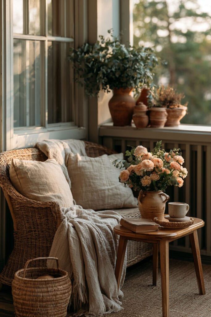 A cozy cottagecore balcony with a wicker chair, soft linen pillows and throw, terracotta pots, blush roses, natural wood furniture, and warm neutral decor in gentle afternoon light.