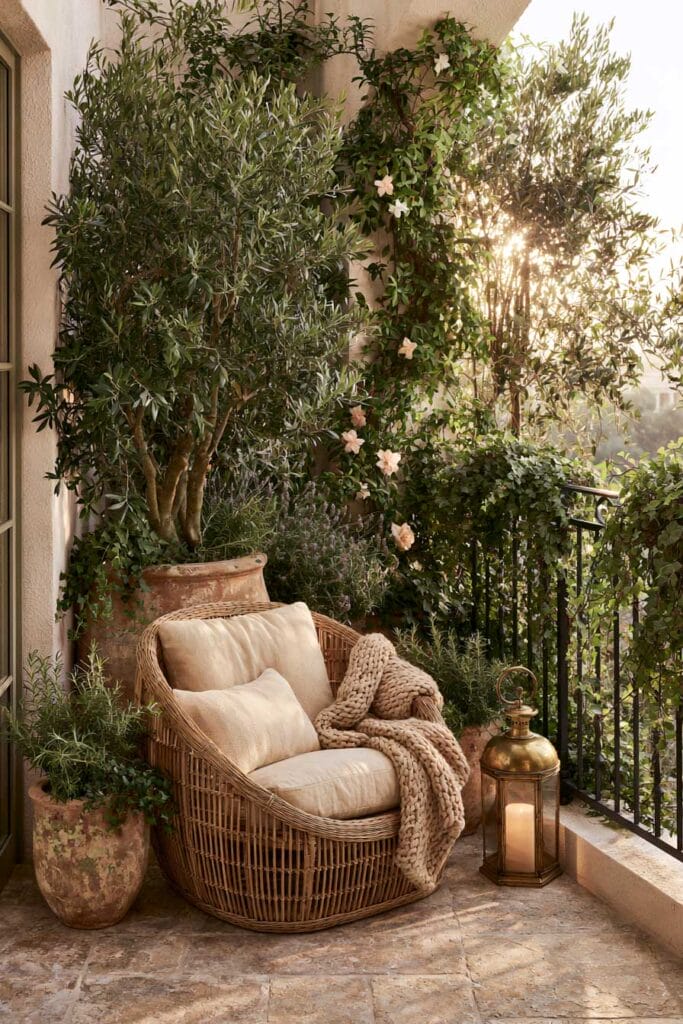 Beautiful European balcony with a woven lounge chair, mature olive trees, climbing jasmine, weathered terracotta pots, lantern, lush greenery, and a hidden garden retreat.