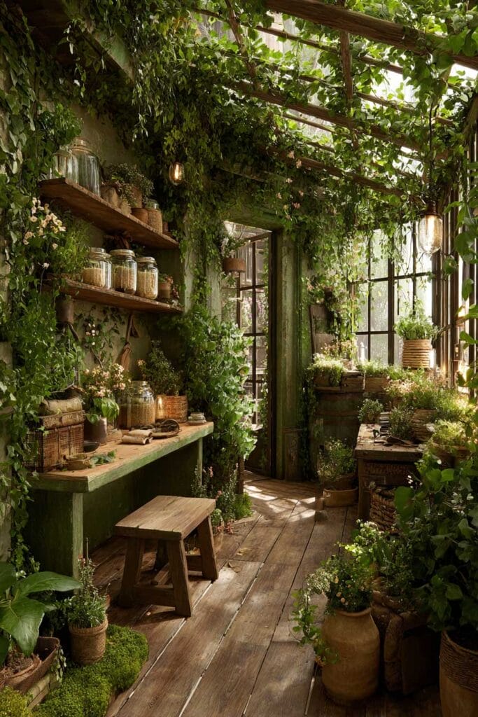 A cozy cottagecore balcony styled like an old greenhouse with climbing vines, rustic wooden shelves, potted herbs, glass storage jars, vintage worktables, and warm natural light creating a charming garden retreat.