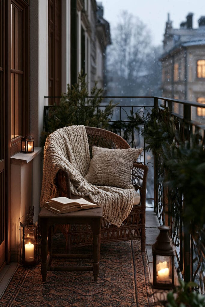 A cozy cottagecore apartment balcony with a wicker chair, chunky knit blanket, glowing lanterns, evergreen plants, a small wooden side table with an open book, and soft evening light creating a peaceful all-season outdoor retreat.