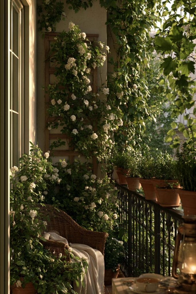 Small cottagecore apartment balcony with climbing white roses, lush green vines, wicker chair, terracotta planters, vintage lantern, and soft evening light creating a secluded outdoor retreat.
