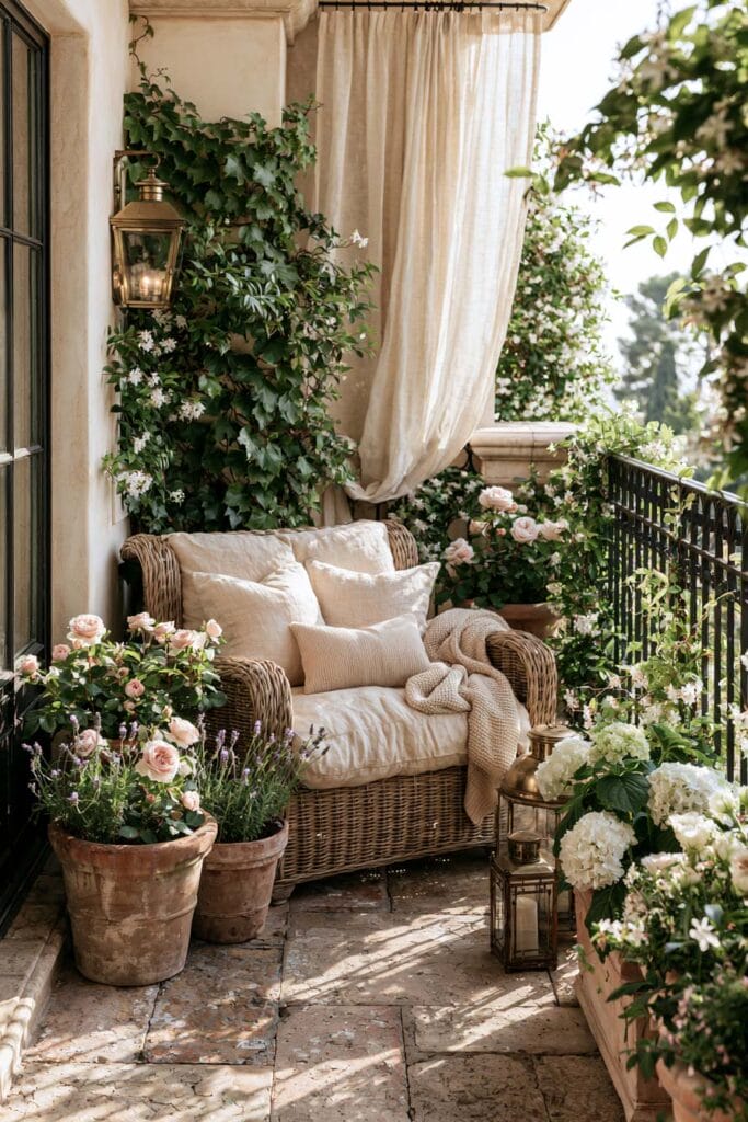 Cozy European balcony with wicker loveseat, linen curtains, climbing vines, roses, hydrangeas, terracotta planters, vintage lanterns, and a hidden garden-inspired outdoor retreat.