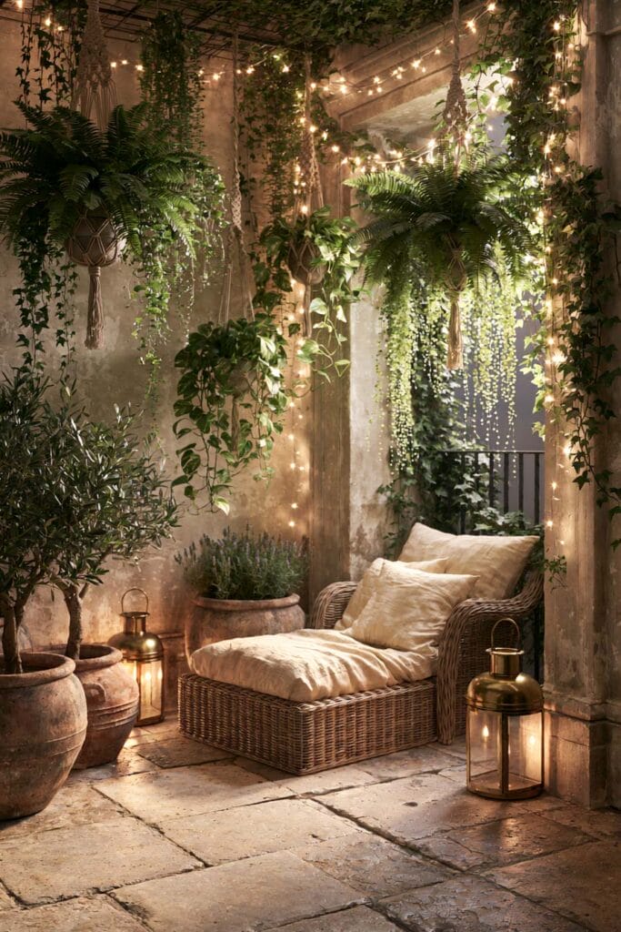 Hidden secret garden balcony with hanging ferns, cascading plants, warm string lights, lanterns, wicker lounge chair, terracotta planters, and lush European-inspired outdoor decor.