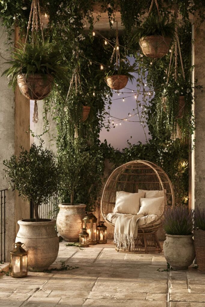 Lush balcony garden with hanging ferns, trailing vines, wicker egg chair, terracotta planters, olive trees, lanterns, and fairy lights creating a cozy secret outdoor retreat.