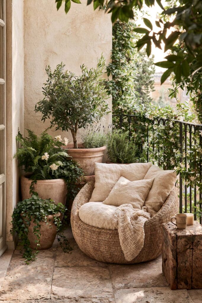 Romantic European balcony with a woven lounge chair, olive tree, climbing vines, terracotta planters, lush greenery, and weathered wood accents creating a hidden garden-inspired outdoor retreat.