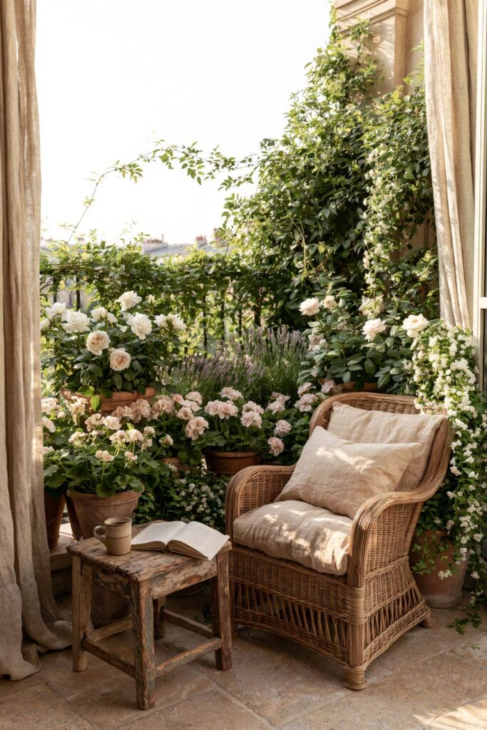 Beautiful European balcony with woven armchair, climbing jasmine, white roses, lavender, rustic wooden stool, linen curtains, and a hidden garden reading nook.