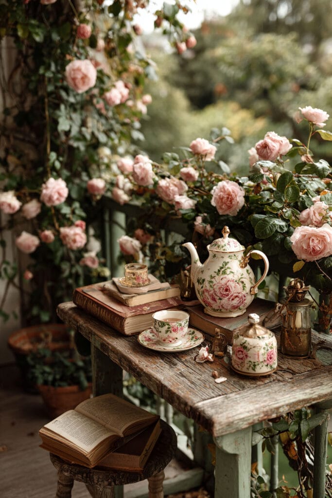 A romantic cottagecore balcony with blooming pink roses, a vintage floral tea set, weathered wooden table, antique books, and soft garden greenery creating a charming vintage-inspired outdoor retreat.