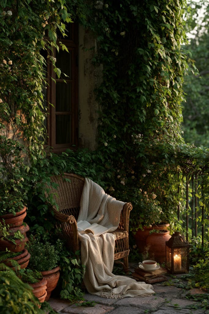 Small cottagecore apartment balcony with a cozy wicker reading chair, soft linen throw blanket, vintage lantern, terracotta pots, climbing vines, and lush greenery creating a secluded outdoor retreat.