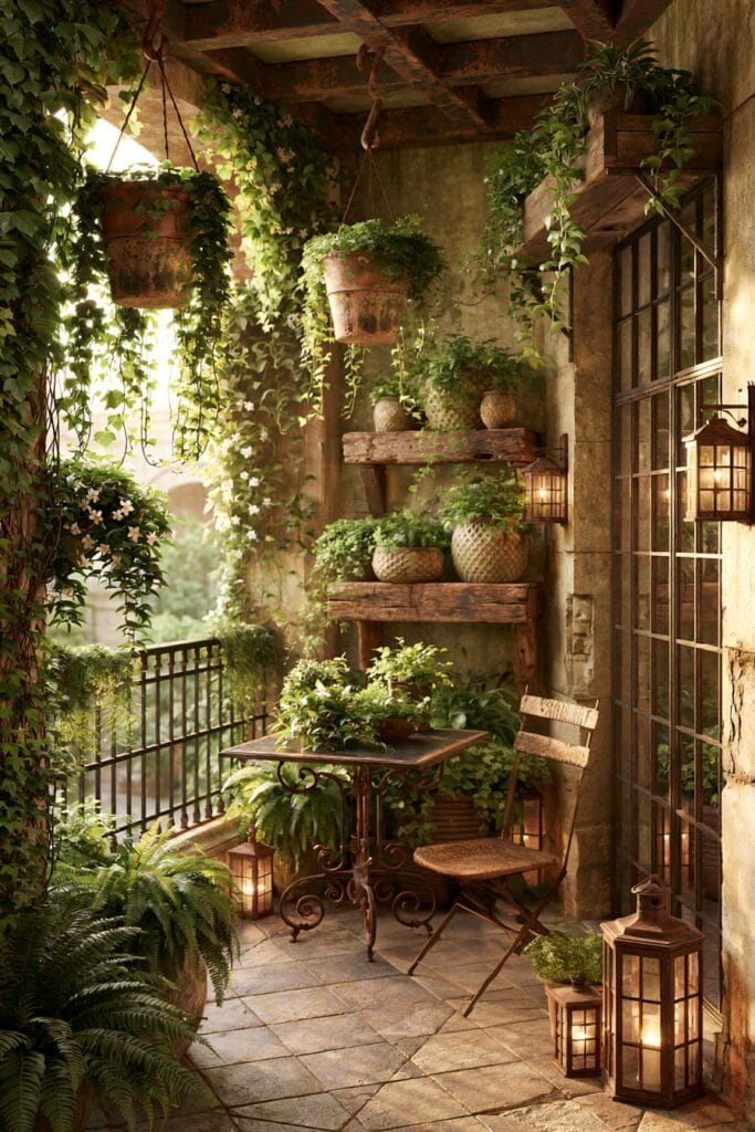 Hidden secret garden balcony with hanging terracotta planters, rustic wooden shelves, climbing vines, vintage lanterns, lush greenery, and a cozy European-style café corner.