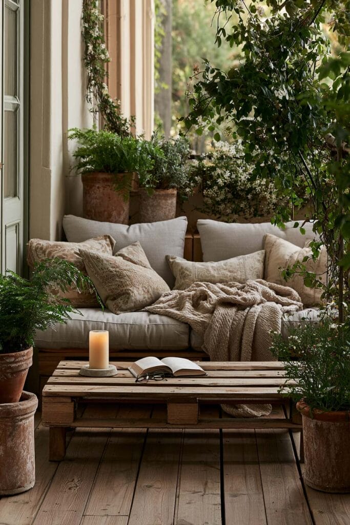 A cozy cottagecore balcony with a neutral outdoor sofa, linen pillows, terracotta planters, lush greenery, a rustic wooden coffee table, an open book, and soft candlelight creating a relaxing all-season retreat.