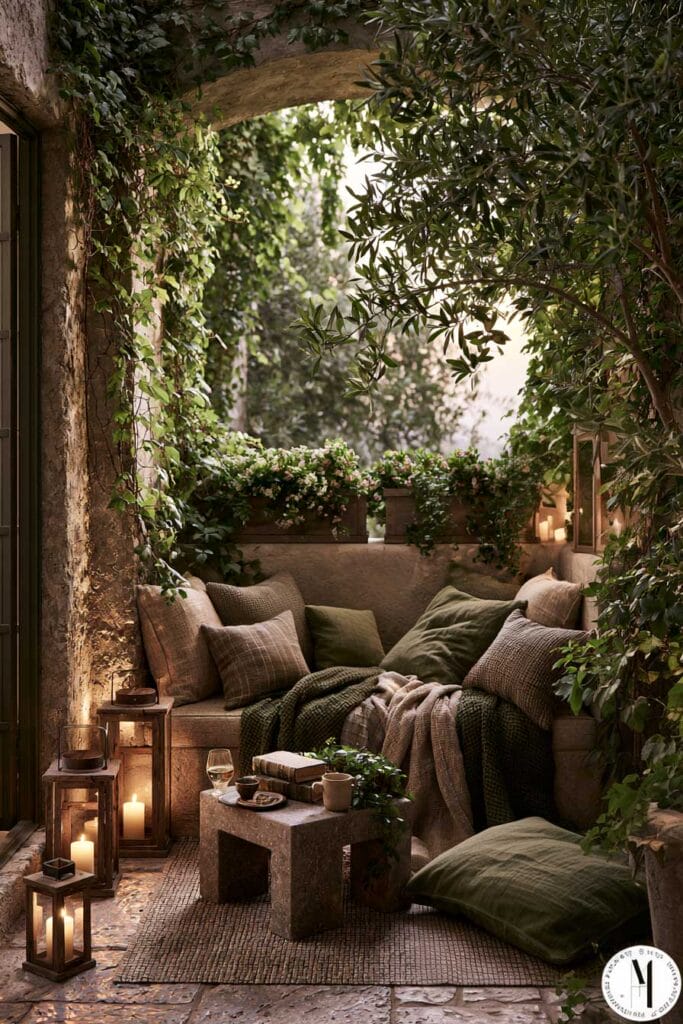 Romantic European balcony with climbing vines, mature olive tree, cozy built-in seating, lanterns, layered greenery, stone table, and hidden garden-inspired decor creating a private outdoor retreat.