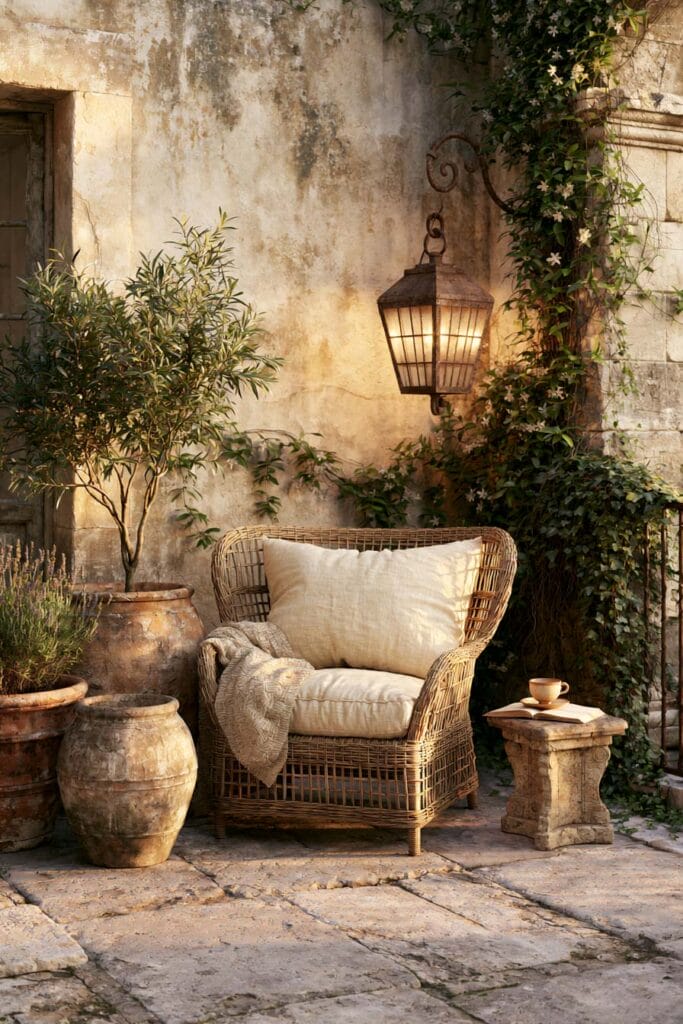 Secret garden balcony with wicker chair, old stone walls, climbing jasmine, terracotta pots, lantern, and European courtyard decor.