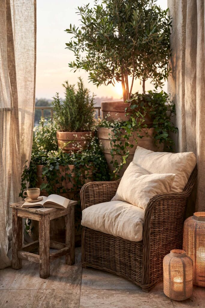 Cozy small European balcony with woven armchair, linen curtains, terracotta planters, olive tree, rustic wood side table, lanterns, and layered greenery creating a private outdoor retreat.