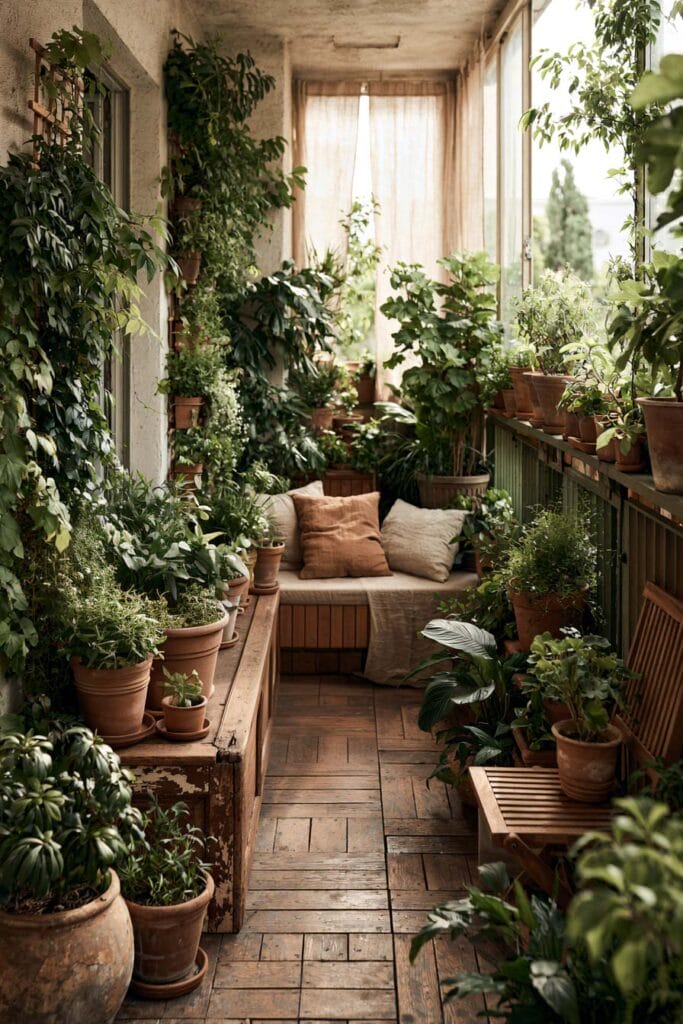 Small lush balcony garden with layered potted plants, vertical greenery, wood decking, linen curtains, built-in bench seating, and cozy styling creating a hidden outdoor retreat.