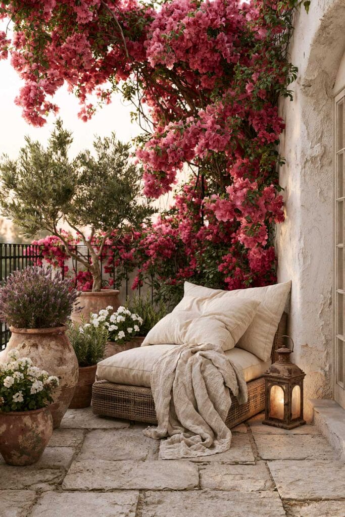 Beautiful European balcony with cascading pink bougainvillea, woven chaise lounge, weathered stone flooring, terracotta pots, olive tree, lavender, lantern, and a hidden Mediterranean garden retreat.