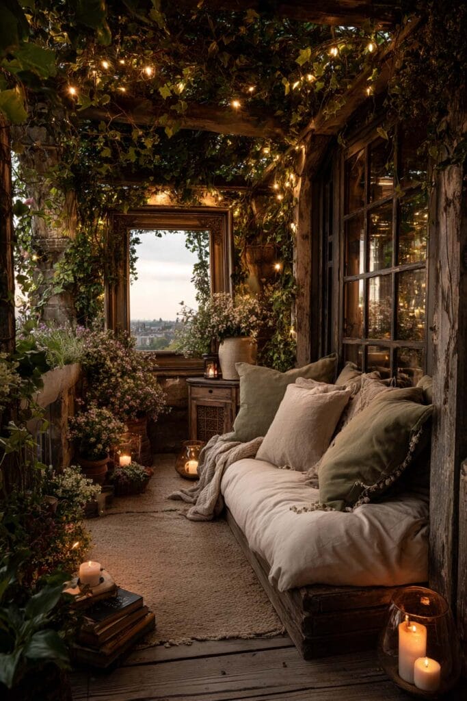 A cozy cottagecore balcony with a rustic wooden daybed, linen cushions, climbing vines, glowing string lights, candles, vintage decor, and blooming flowers creating a warm and inviting outdoor retreat.