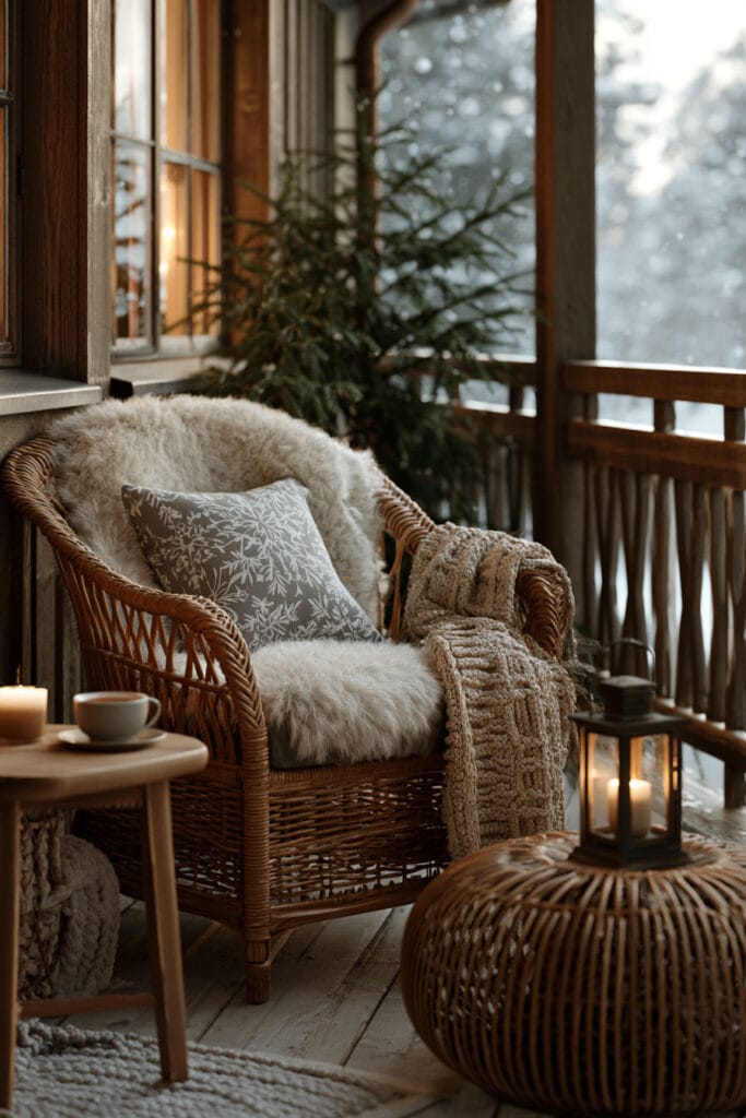 A cozy cottagecore balcony with a wicker armchair, soft faux fur cushion, chunky knit blanket, glowing lantern, evergreen tree, wooden railing, and warm winter-inspired decor creating a peaceful all-season outdoor retreat.
