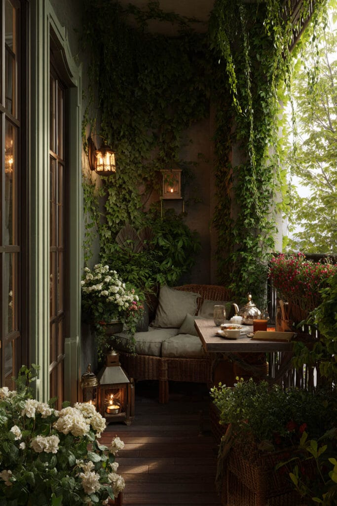 Small cottagecore apartment balcony with lush climbing vines, wicker loveseat, vintage lanterns, rustic wood table, flowering plants, and layered greenery creating a private outdoor garden retreat.
