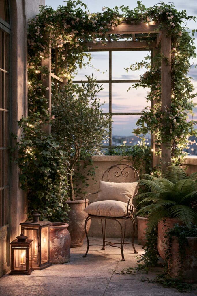 Hidden secret garden balcony with flowering climbing vines, wooden trellis, wrought iron chair, glowing lanterns, olive tree, and cozy European-inspired decor for a small balcony.
