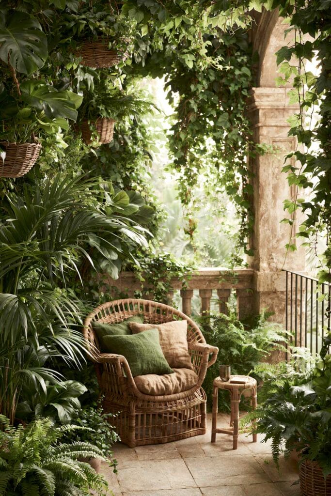 Secret garden balcony with wicker chair, hanging plants, climbing vines, stone arch, lush greenery, and cozy European outdoor decor.