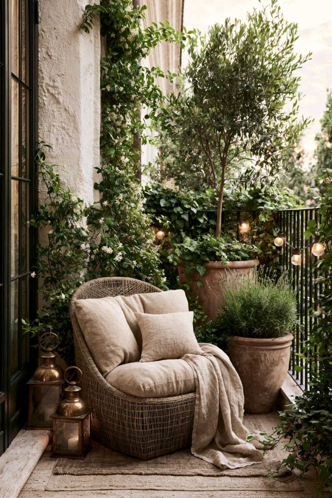 Small cozy European balcony with woven lounge chair, olive tree, climbing jasmine, terracotta planters, brass lanterns, and layered greenery creating a private outdoor retreat.