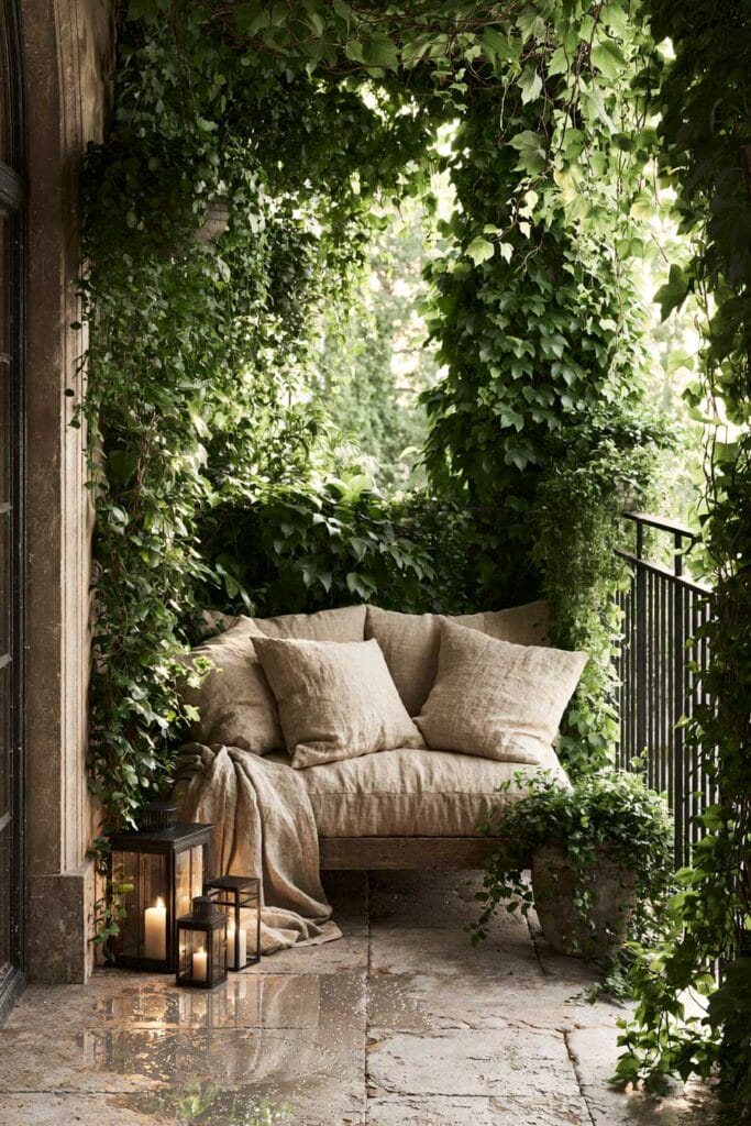 Small lush balcony with climbing vines, cascading greenery, linen loveseat, glowing lanterns, weathered stone flooring, and layered plants creating a hidden secret garden retreat.