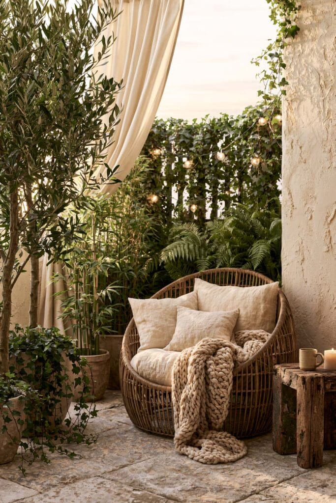 Beautiful European balcony with a woven lounge chair, linen curtains, olive tree, climbing ivy, string lights, layered greenery, and a cozy private outdoor retreat.